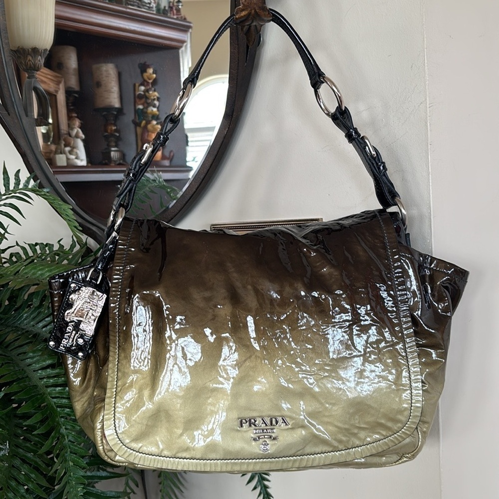Prada Vernice Sfumato Flap Bag Spazzolato Ombre Shoulder Purse Patent Leather - Picture 16 of 16